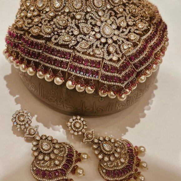 Polki Ruby Choker Set: Indian Bridal Necklace Earrings, Pearl Drops - Picture 3 of 3